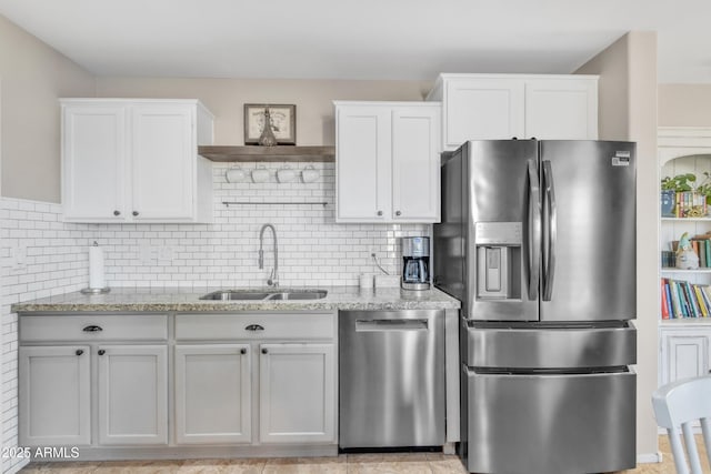 kitchen with sink, white cabinetry, stainless steel appliances, light stone countertops, and decorative backsplash