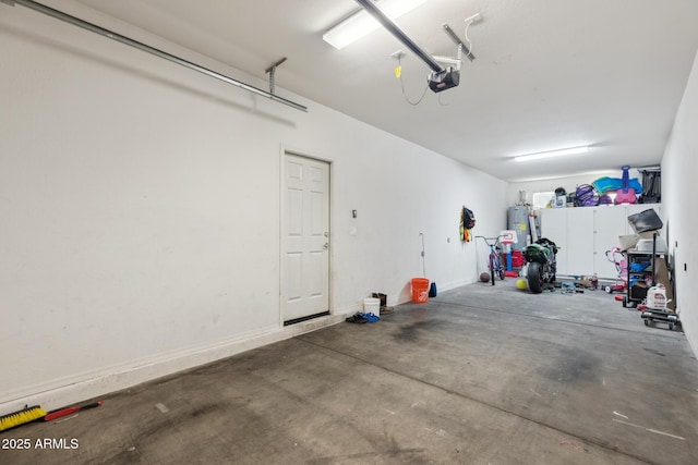 garage featuring a garage door opener and water heater