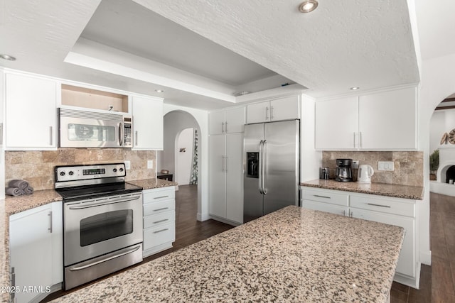 kitchen with a raised ceiling, light stone countertops, appliances with stainless steel finishes, and white cabinetry