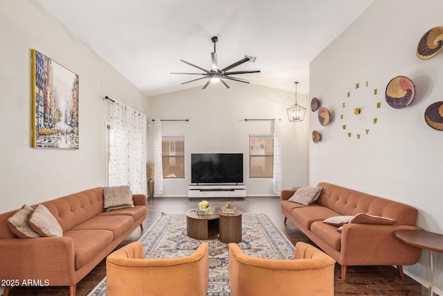 3821 N 125th Dr, Avondale, AZ 85392 - living room featuring wood finished floors, lofted ceiling, and a ceiling fan