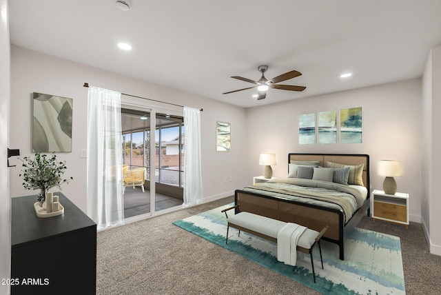 carpeted bedroom with baseboards, access to exterior, ceiling fan, and recessed lighting