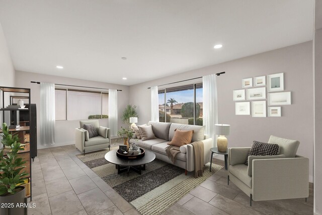 living area with recessed lighting and light tile patterned floors