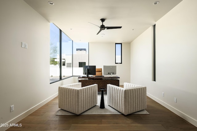 living room featuring recessed lighting, wood finished floors, a ceiling fan, and baseboards