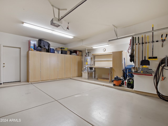 garage with gas water heater and a garage door opener