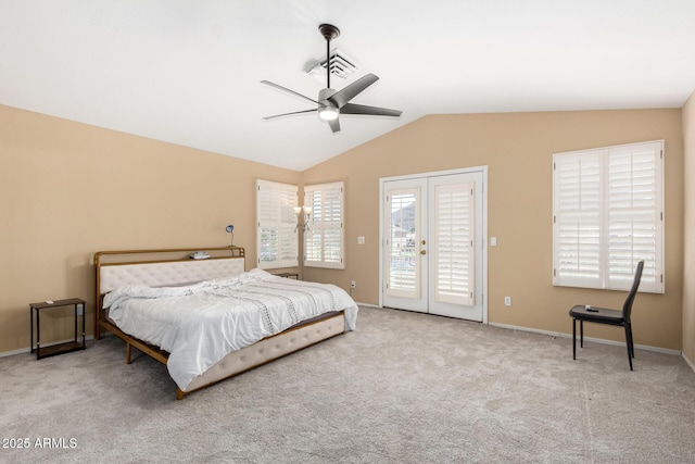 carpeted bedroom with ceiling fan, access to exterior, baseboards, lofted ceiling, and visible vents