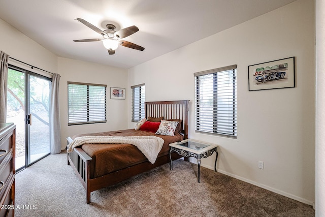 carpeted bedroom with access to outside and ceiling fan