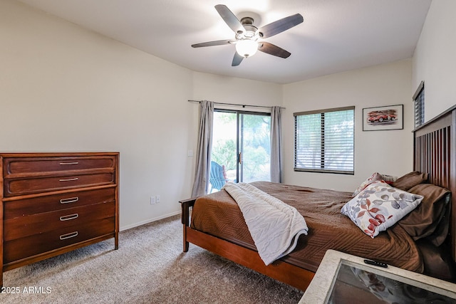 bedroom with ceiling fan, light colored carpet, and access to exterior