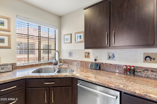 kitchen featuring a sink, dark brown cabinets, decorative backsplash, and stainless steel dishwasher