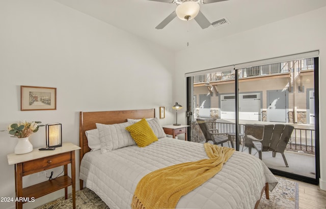 613 N Beaver St Unit 5, Flagstaff, AZ 86001 - bedroom featuring ceiling fan, wood finished floors, access to exterior, and visible vents
