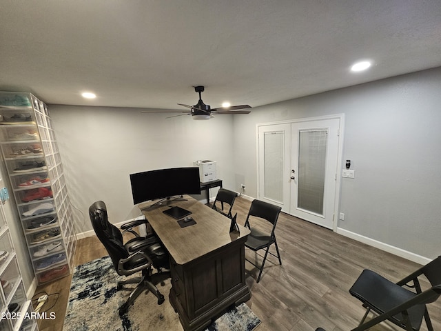 office area featuring recessed lighting, baseboards, dark wood-style flooring, and french doors