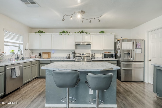 kitchen with visible vents, wood finished floors, a sink, under cabinet range hood, and stainless steel appliances