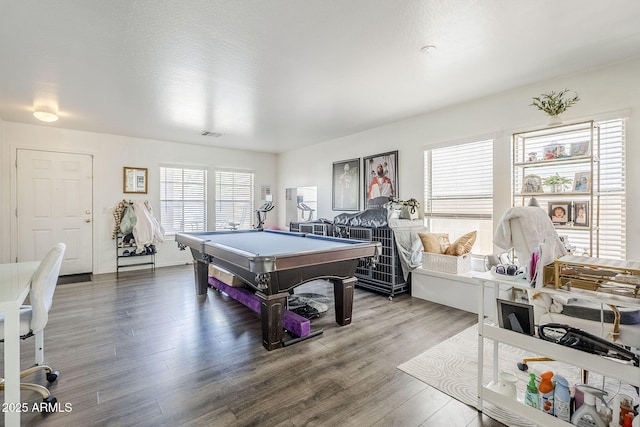 rec room featuring visible vents, billiards, wood finished floors, and a healthy amount of sunlight