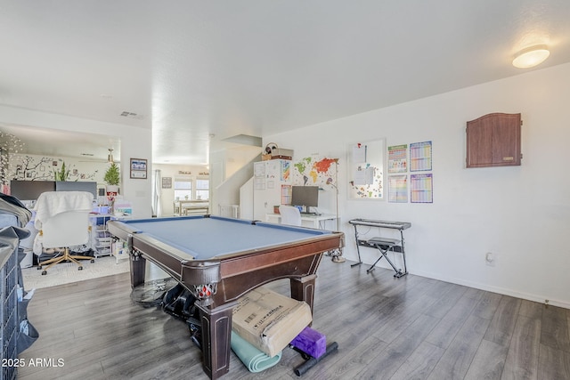 playroom with baseboards, pool table, visible vents, and wood finished floors