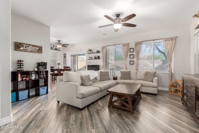 34913 N 30th Dr, Phoenix, AZ 85086 - living room featuring a ceiling fan, wood finished floors, and baseboards