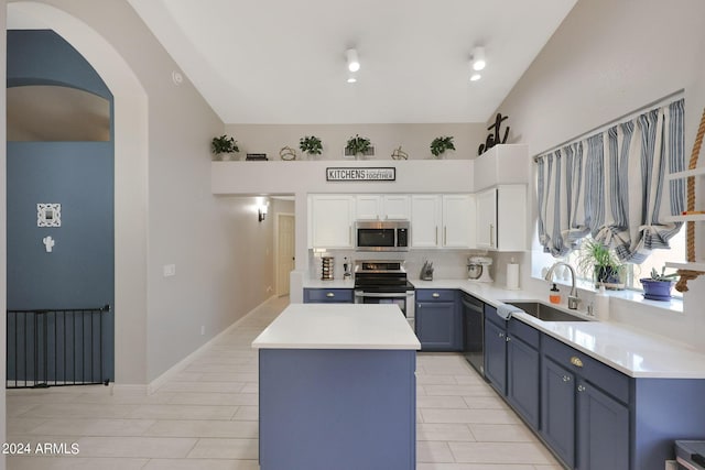 kitchen featuring blue cabinets, sink, a center island, appliances with stainless steel finishes, and white cabinets