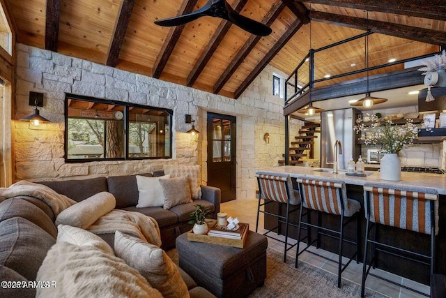 2161 E Elizabeth Ave, Show Low, AZ 85901 - living room featuring wooden ceiling, high vaulted ceiling, stairway, beam ceiling, and ceiling fan