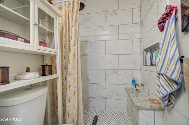 bathroom featuring a shower with shower curtain and toilet