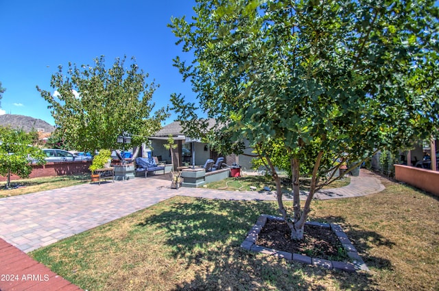 view of yard with a patio area and a mountain view