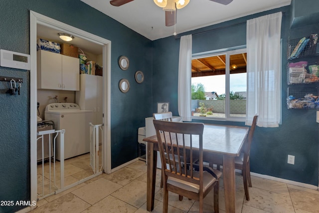 dining space featuring washer / dryer, ceiling fan, baseboards, and a textured wall