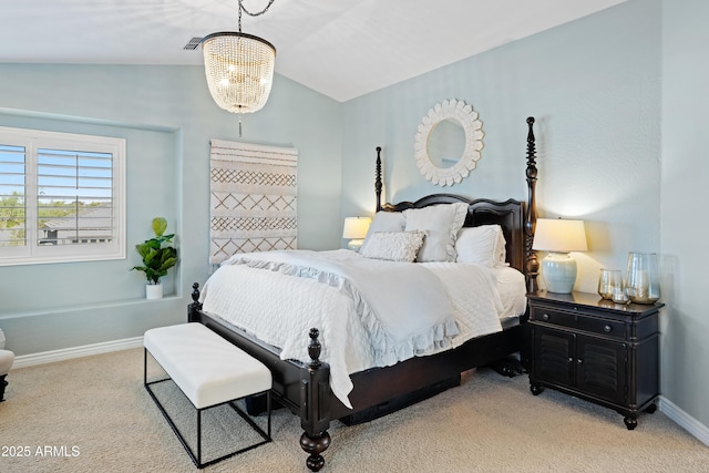 bedroom with carpet floors, baseboards, a chandelier, and lofted ceiling
