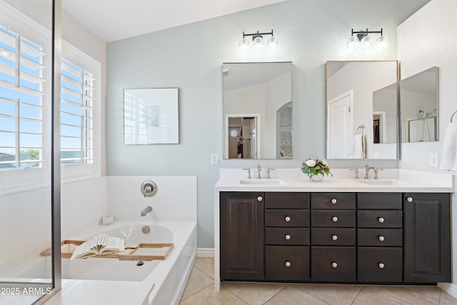 bathroom with a sink, plenty of natural light, a garden tub, and double vanity