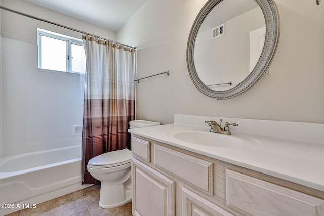 full bath featuring tile patterned flooring, visible vents, toilet, shower / bath combo, and vanity