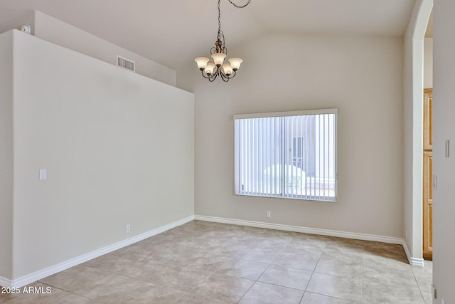 unfurnished room with light tile patterned floors, baseboards, visible vents, lofted ceiling, and a notable chandelier