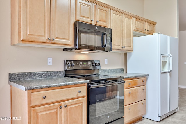 kitchen with black appliances, dark countertops, and light brown cabinets