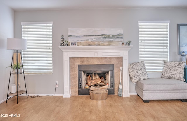 living room with a tile fireplace and light wood-type flooring