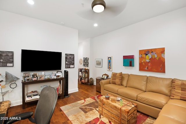 3801 N Goldwater Blvd Unit 201, Scottsdale, AZ 85251 - living area with a ceiling fan, wood finished floors, baseboards, and recessed lighting