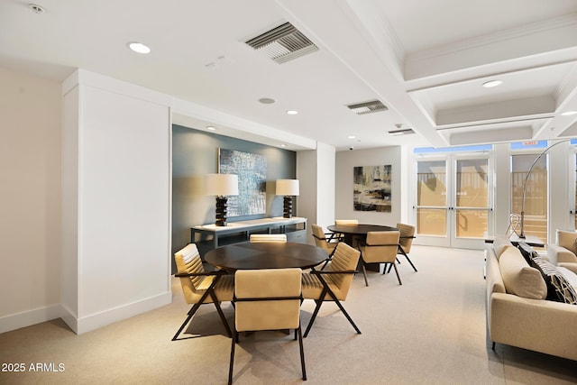 3801 N Goldwater Blvd Unit 201, Scottsdale, AZ 85251 - dining area with light carpet, coffered ceiling, recessed lighting, baseboards, and beam ceiling