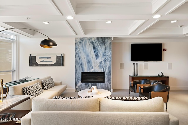 3801 N Goldwater Blvd Unit 201, Scottsdale, AZ 85251 - living room with coffered ceiling, recessed lighting, baseboards, beamed ceiling, and a fireplace