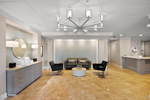 3801 N Goldwater Blvd Unit 201, Scottsdale, AZ 85251 - living area with baseboards, ornamental molding, recessed lighting, and stone tile floors