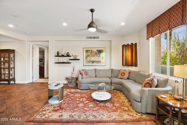 3801 N Goldwater Blvd Unit 201, Scottsdale, AZ 85251 - living area featuring a ceiling fan, tile patterned floors, recessed lighting, and baseboards