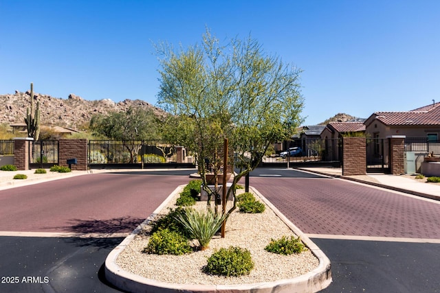 view of street with curbs, a gated entry, and a gate