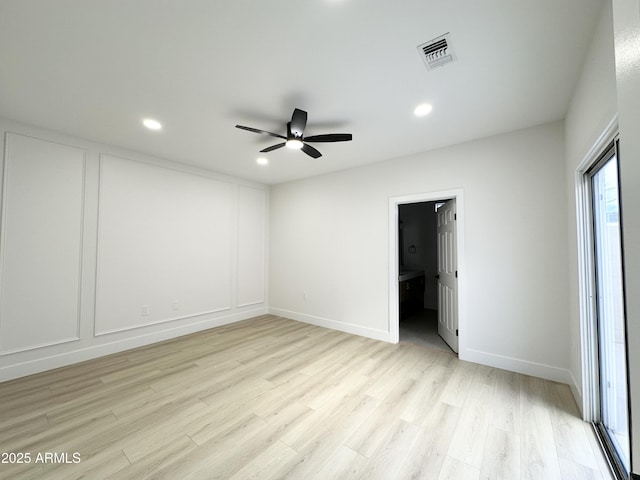 unfurnished bedroom featuring baseboards, recessed lighting, visible vents, and light wood-type flooring