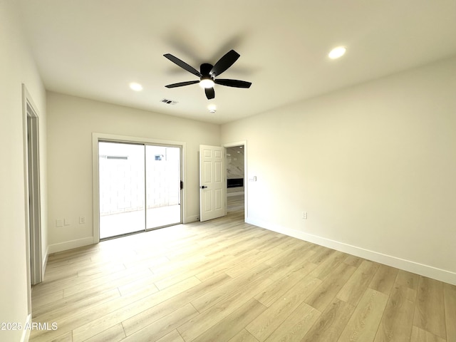 unfurnished bedroom featuring light wood-style flooring, recessed lighting, baseboards, visible vents, and access to exterior