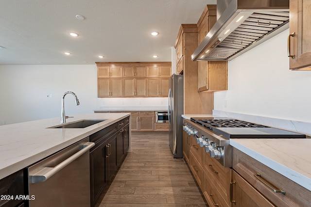 kitchen featuring light stone countertops, sink, wall chimney range hood, dark hardwood / wood-style floors, and appliances with stainless steel finishes