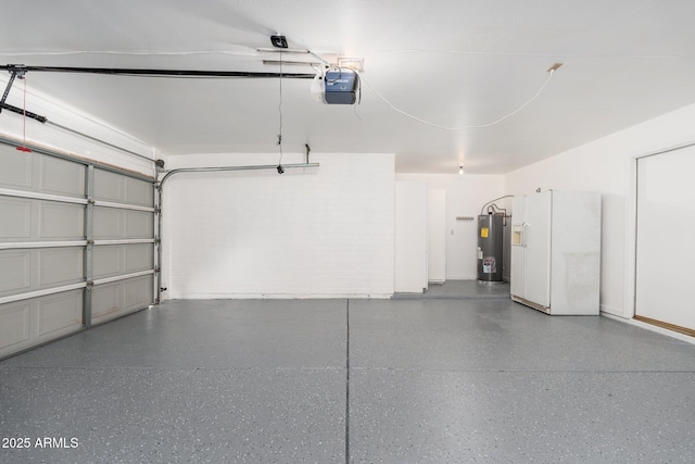 garage with electric water heater, a garage door opener, and white fridge with ice dispenser