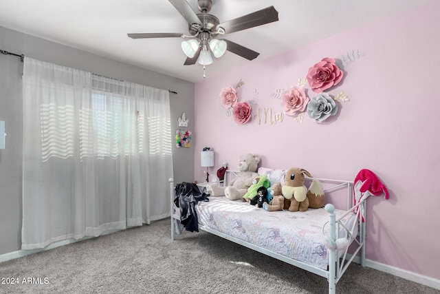 carpeted bedroom with ceiling fan