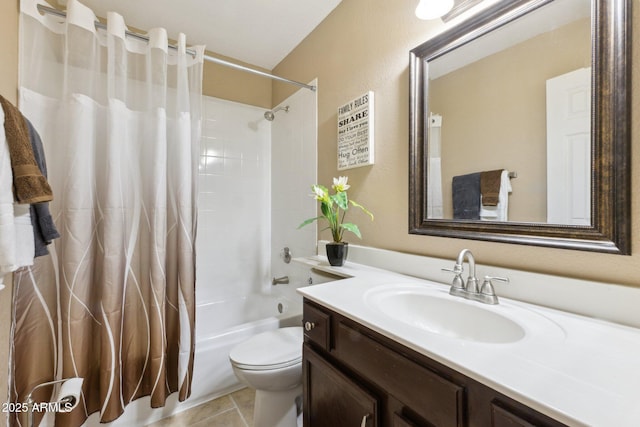 full bathroom with vanity, shower / bath combination with curtain, and toilet