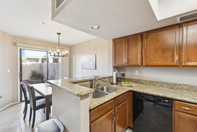 kitchen with light tile patterned flooring, sink, dishwasher, kitchen peninsula, and light stone countertops