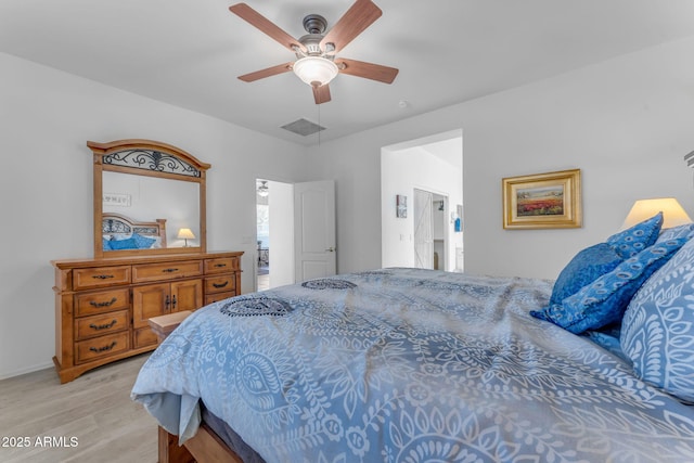 bedroom featuring ceiling fan and light hardwood / wood-style floors