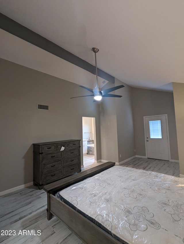 unfurnished bedroom with high vaulted ceiling, ceiling fan, and light hardwood / wood-style flooring