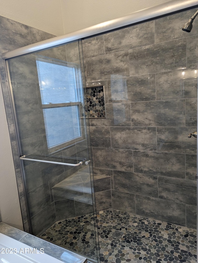 bathroom with a shower with shower door