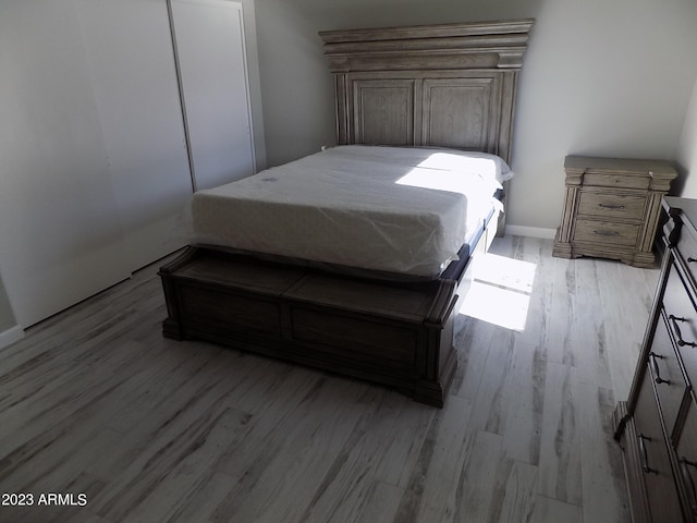 bedroom with a closet and light hardwood / wood-style flooring