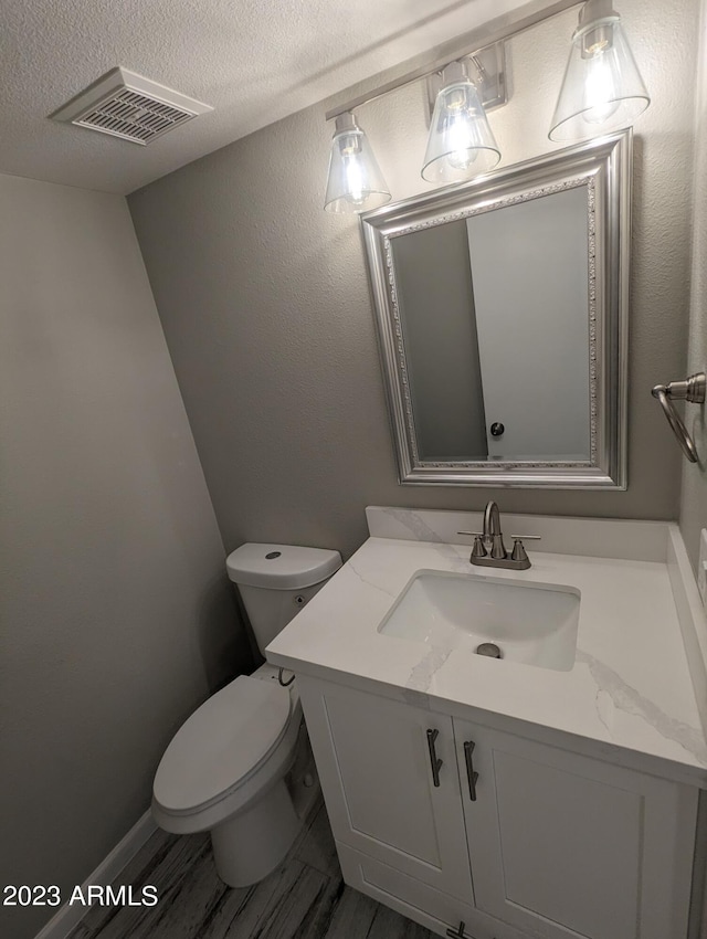 bathroom featuring toilet, a textured ceiling, and oversized vanity