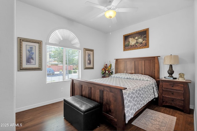 3634 E Perkinsville St, Gilbert, AZ 85295 - bedroom with dark wood finished floors, baseboards, and a ceiling fan