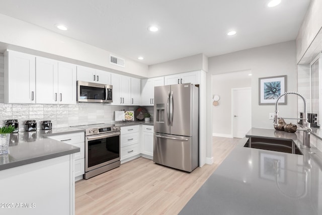 kitchen featuring sink, appliances with stainless steel finishes, backsplash, white cabinets, and light wood-type flooring