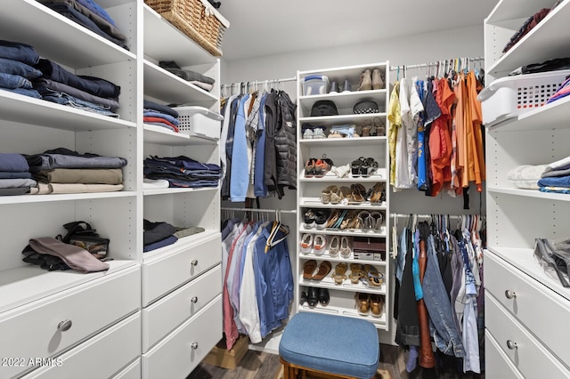 walk in closet with dark wood-type flooring